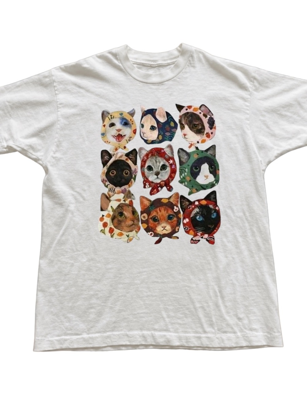 White Tee with Colorful Cat Faces Grid